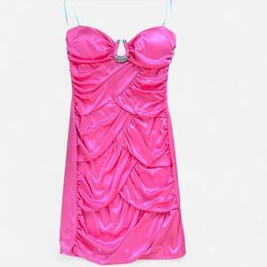 Pink mini bodycon dress with ruffles and jewels